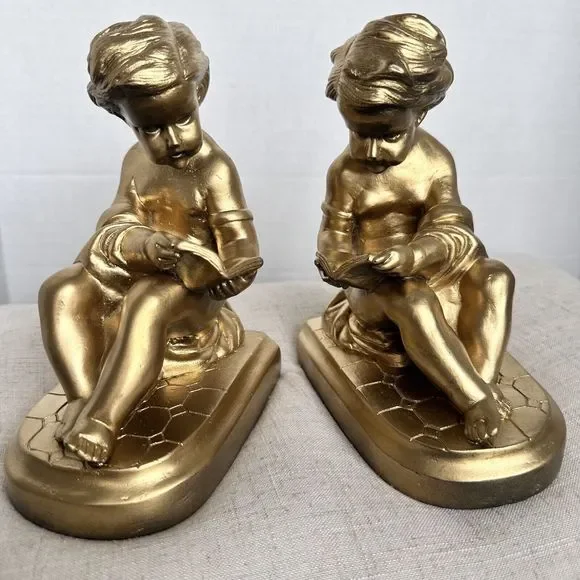 Vintage Pair faux Brass Bookends Boy Reading a Book~Gold Art Deco Decor~Cherubs - Picture 6 of 10